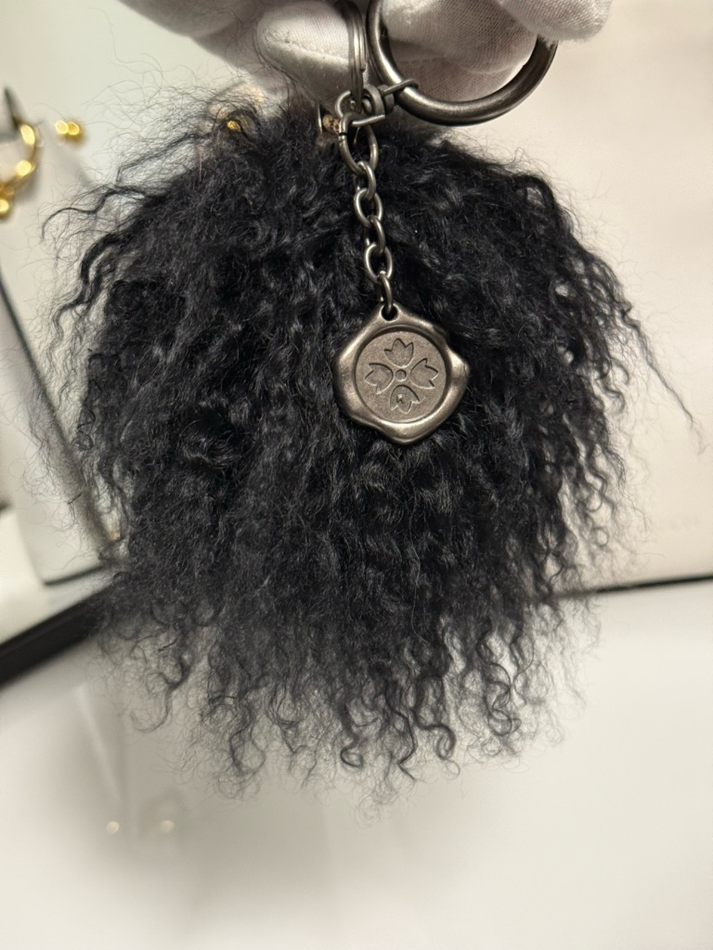 Nordstrom Black Fur Pom-Pom Keychain with Metal Charm